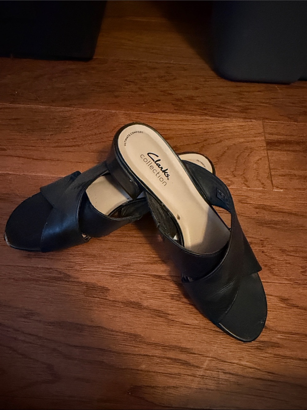 Clarks Black Leather Crisscross Slide Mules